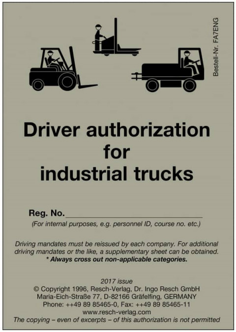 Fahrausweis Flurförderzeuge Englisch -Driver authorization for industrial trucks - Resch-Verlag und Bernd Zimmermann / IAG Mainz